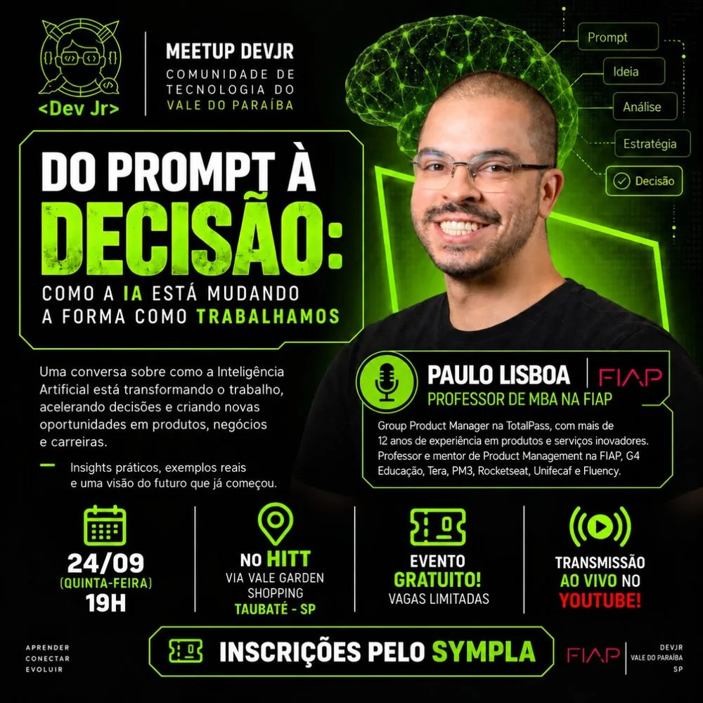 Cartaz do meetup Do prompt à decisão, com Paulo Lisboa, em 24 de setembro às 19h no HITT.
