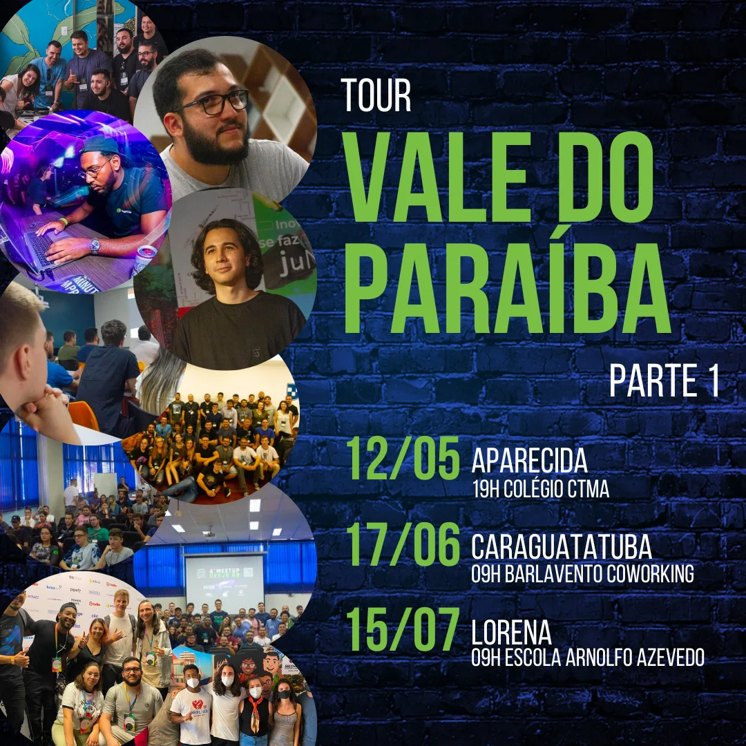 Cartaz do Tour Vale do Paraíba com as paradas em Aparecida, Caraguatatuba e Lorena.